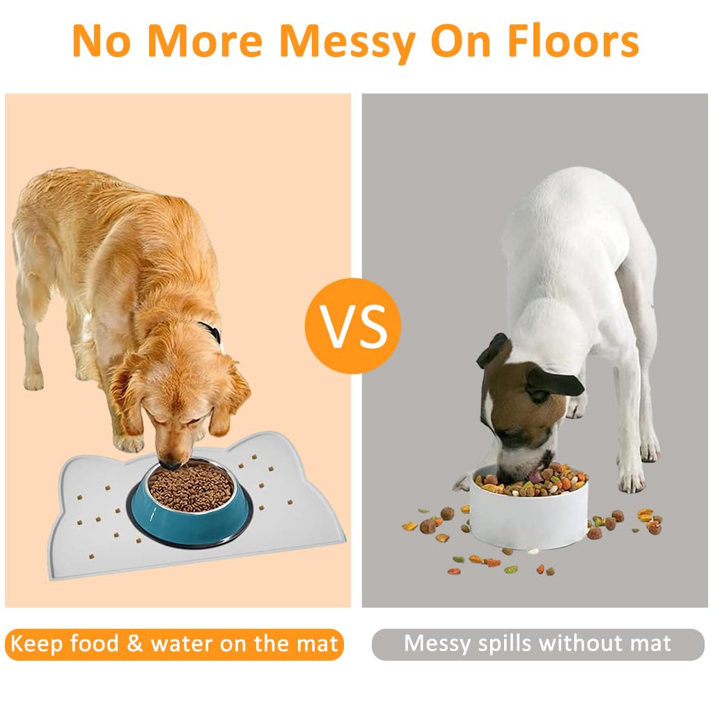 Qpets Pet Feeding Mat for Dogs and Cats with Raised Edge Tray 44x24cm 2 pcs Grey Silicone
