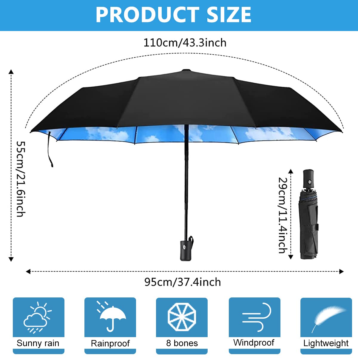 PALAY® Automatic Folding Travel Umbrella Windproof Strong 8 Ribs UV Protection Black Compact Umbrella for Women, Lightweight 3-fold Umbrella with Polyester Coating for Travel (Sky)