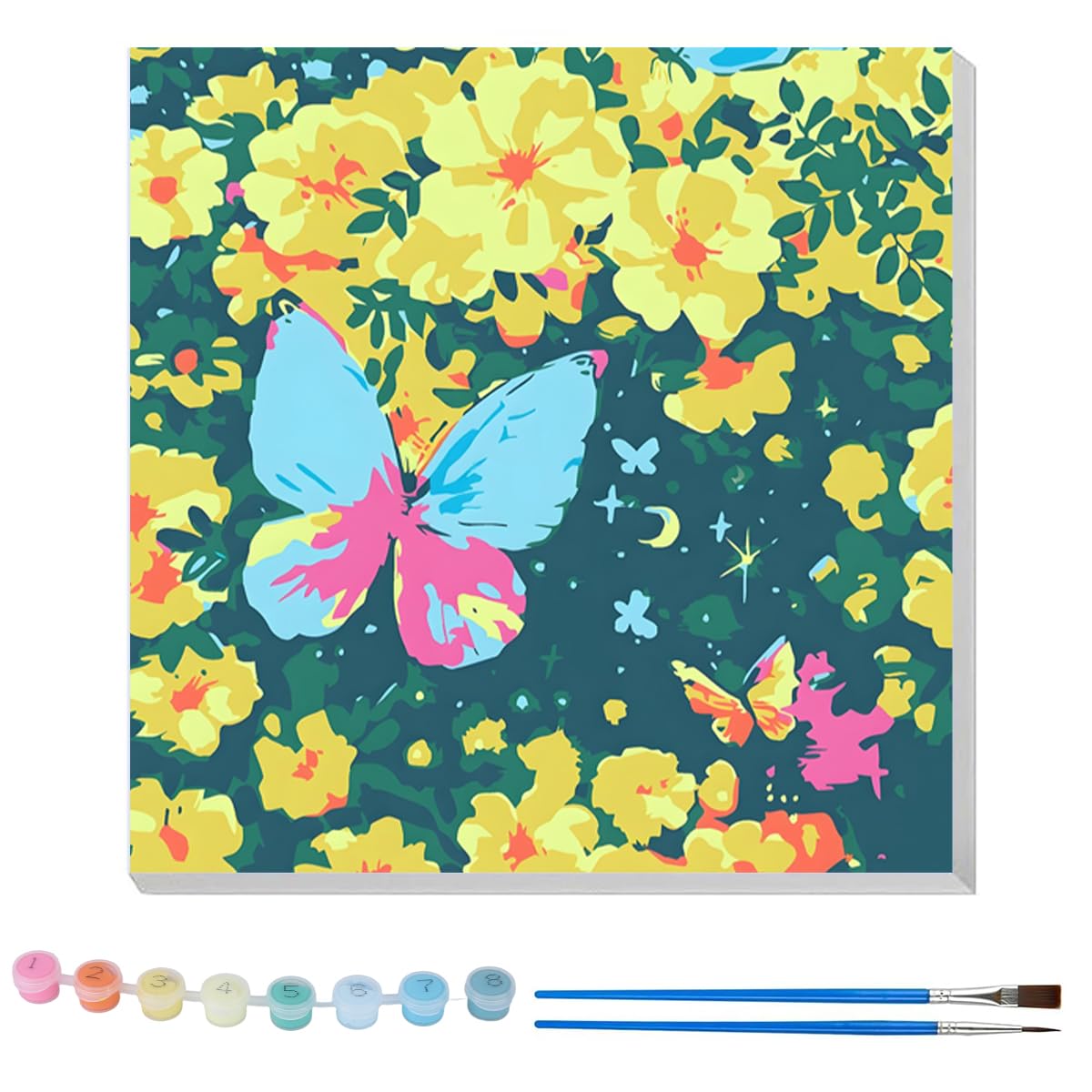 HASTHIP Paint by Numbers Kit for Adults and Kids with Brushes & Acrylic Pigments 20x20cm | Butterfly Flower Blossom Canvas Painting for Relaxing DIY Art