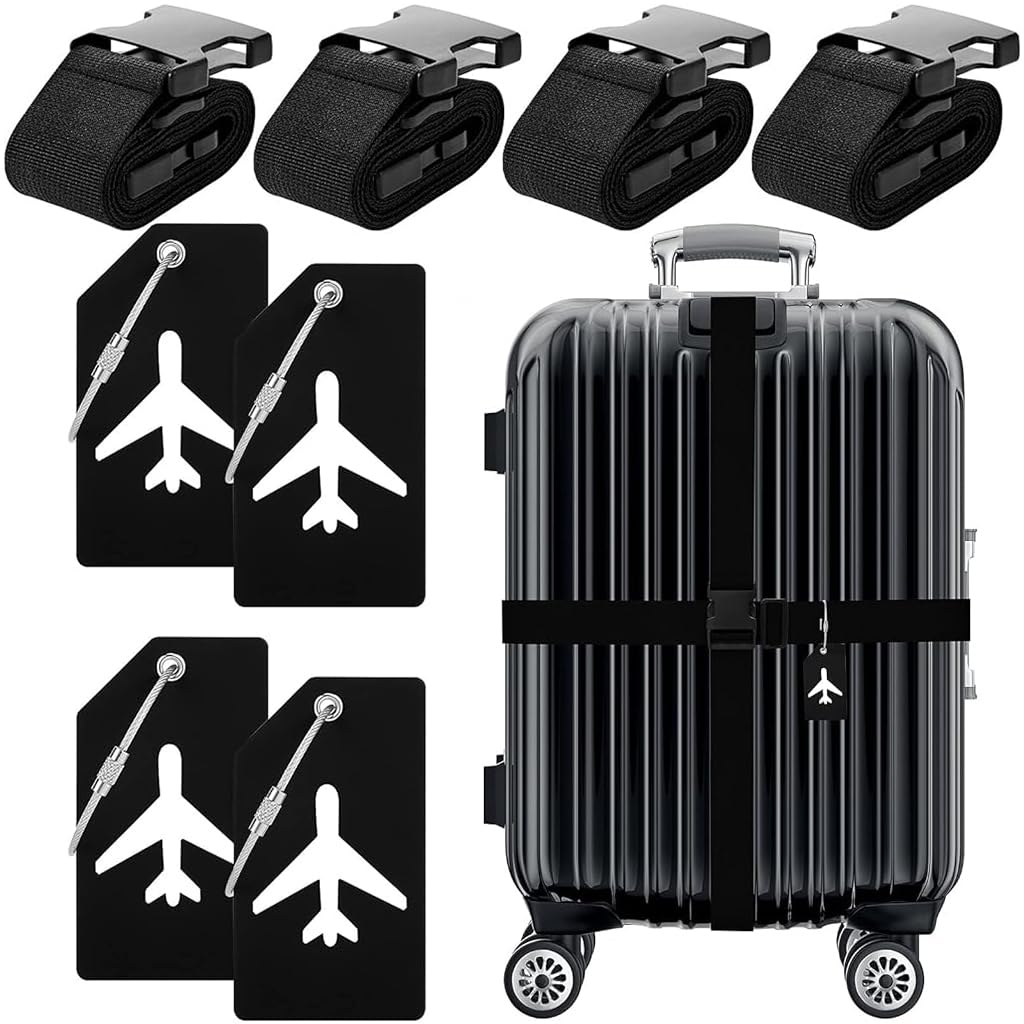 PALAY® Set of 8pcs Luggage Straps & Suitcase Tags Set, Adjustable Suitcase Belt Quick Relese Suitcase Belts and PVC Luggage Tags with Metal Loop Black Safety Luggage Straps Travel Luggage Accessories