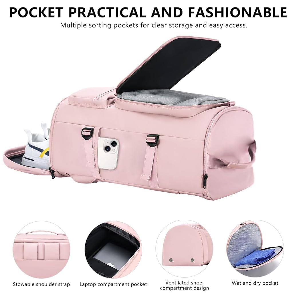 GUSTAVE Gym Bag for Women with 40L Capacity and Shoe Compartment in Pink Nylon | Travel & Fitness Backpack