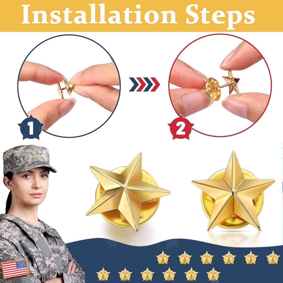 SANNIDHI Star Badge Pins for Memorial Day and DIY Crafts with Pin Back Design | 12pcs Gold Metal Lapel Brooch 30mm