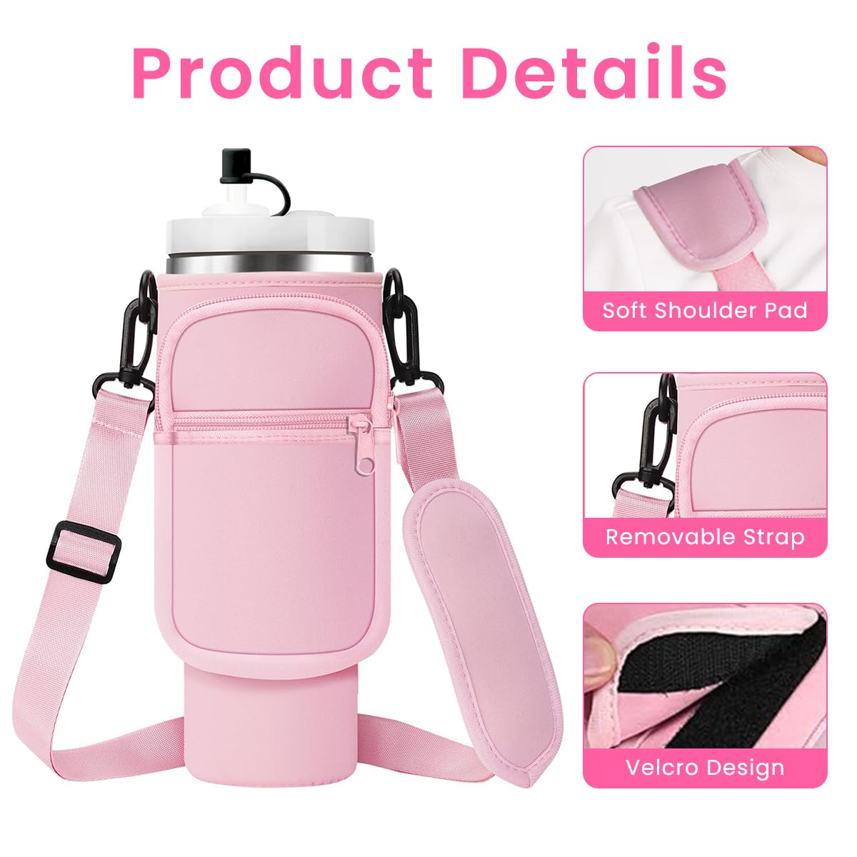 HASTHIP Water Bottle Carrier Bag for Stanley 30 oz Tumbler with Phone Pocket Holder Pink 3PCS
