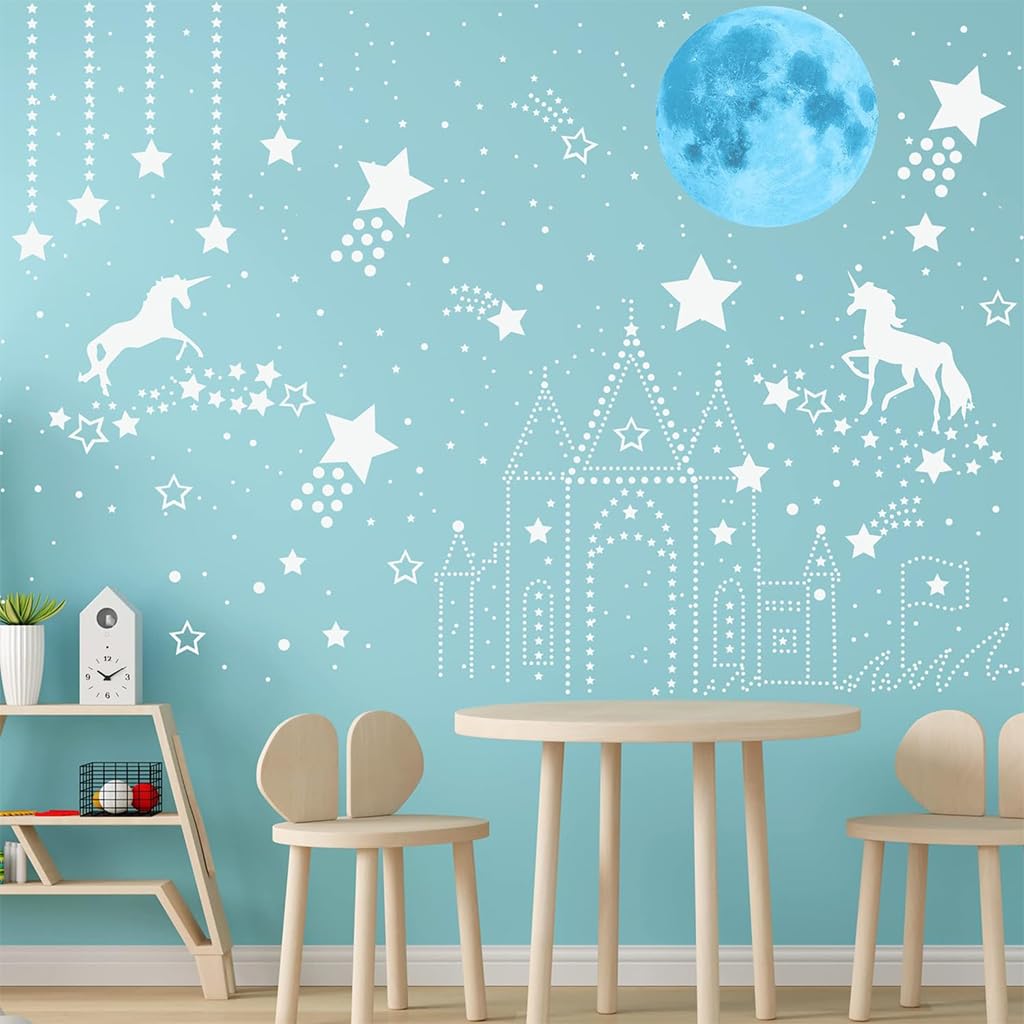 HASTHIP® Glow in The Dark Stars and Unicorn Wall Decals, Unicorn Wall Decals Stickers Wall Decor for Girls Bedroom Luminous Glow Unicorn Stars Planet Ceiling Stickers for Girls/Boys Gift, B