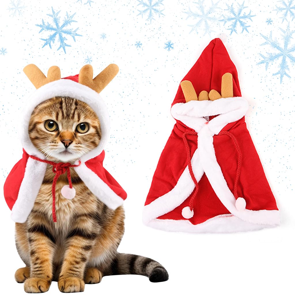 Qpets® Chrismat Cat Clothes, Dress Up Clothes Chrismat Red Elk Cloak for Cat Warm Plush Cloak Adjustable Drawstring Hat Photogaphy Prop Christmas Party Clothes for Cat, M