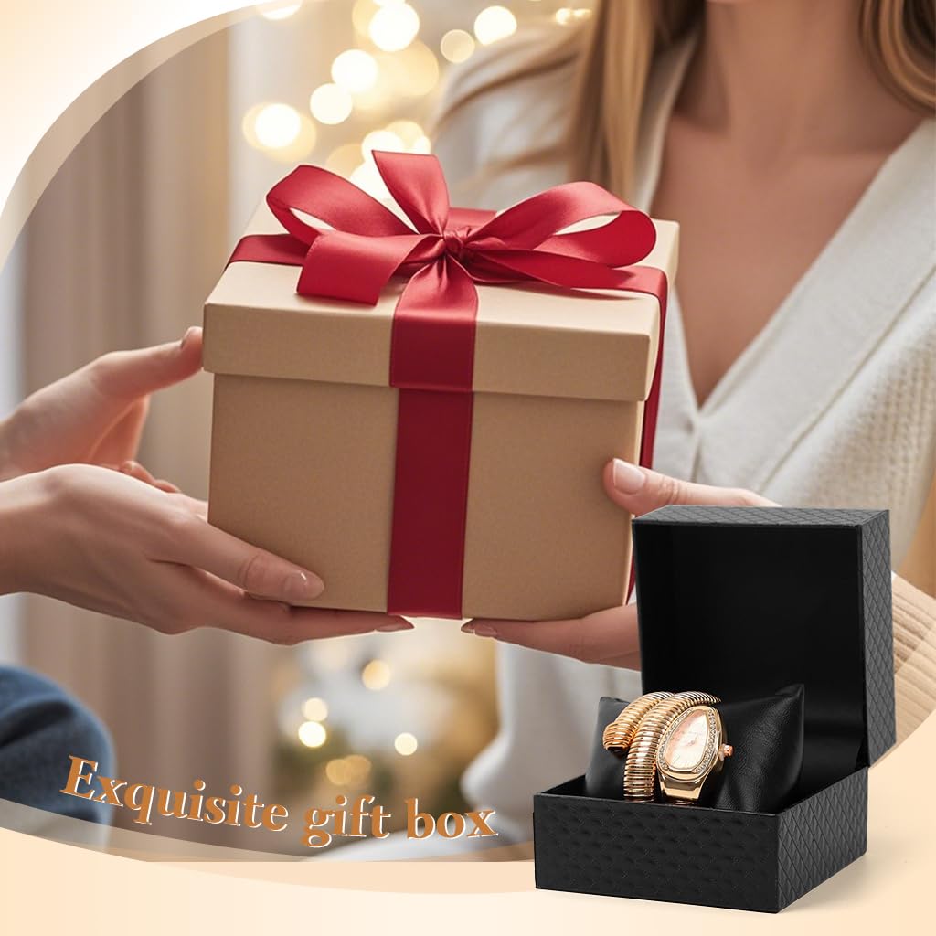 SANNIDHI Serpentine Wrap Wristwatch for Women with Quartz Movement and Rose Golden Rhinestones | Stainless Steel Coiled Bangle Jewelry Gift 2 PCS