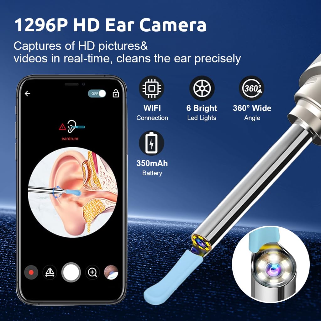 HANNEA® Ear Wax Removal Tool with HD Camera, APP HD Real Time Image Display, LED Wifi Ear Wax Cleaner with 5 Silicone Scoop Tips & Ear Wax Removal Tool Kit, Comaptible for iOS & Android System