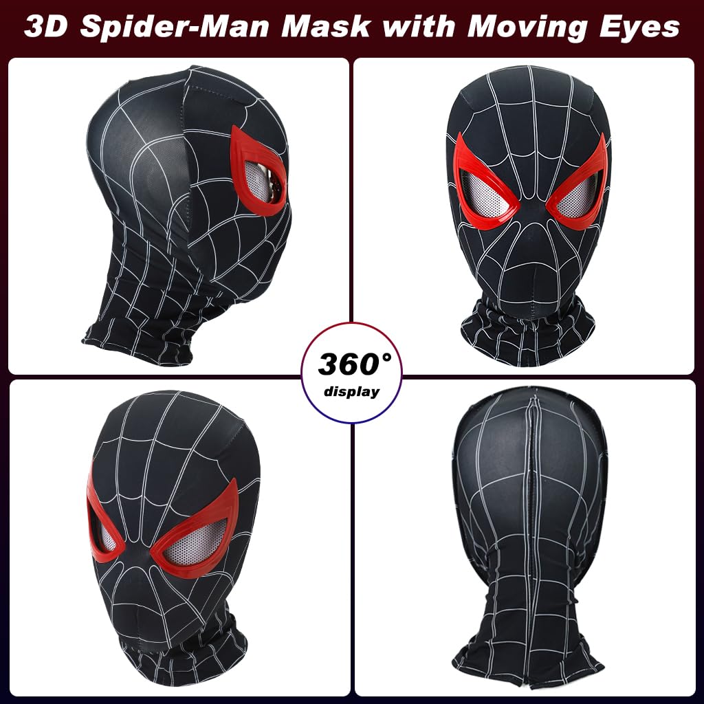 FANCYKU® Miles Morales Head Cover with Moving Eyelid 3D Realistic Super Hero Face Cover for Kids & Adult Jaw Motion Activated Blinking Eyelid Black Costume Head Cover for Cosplay Party