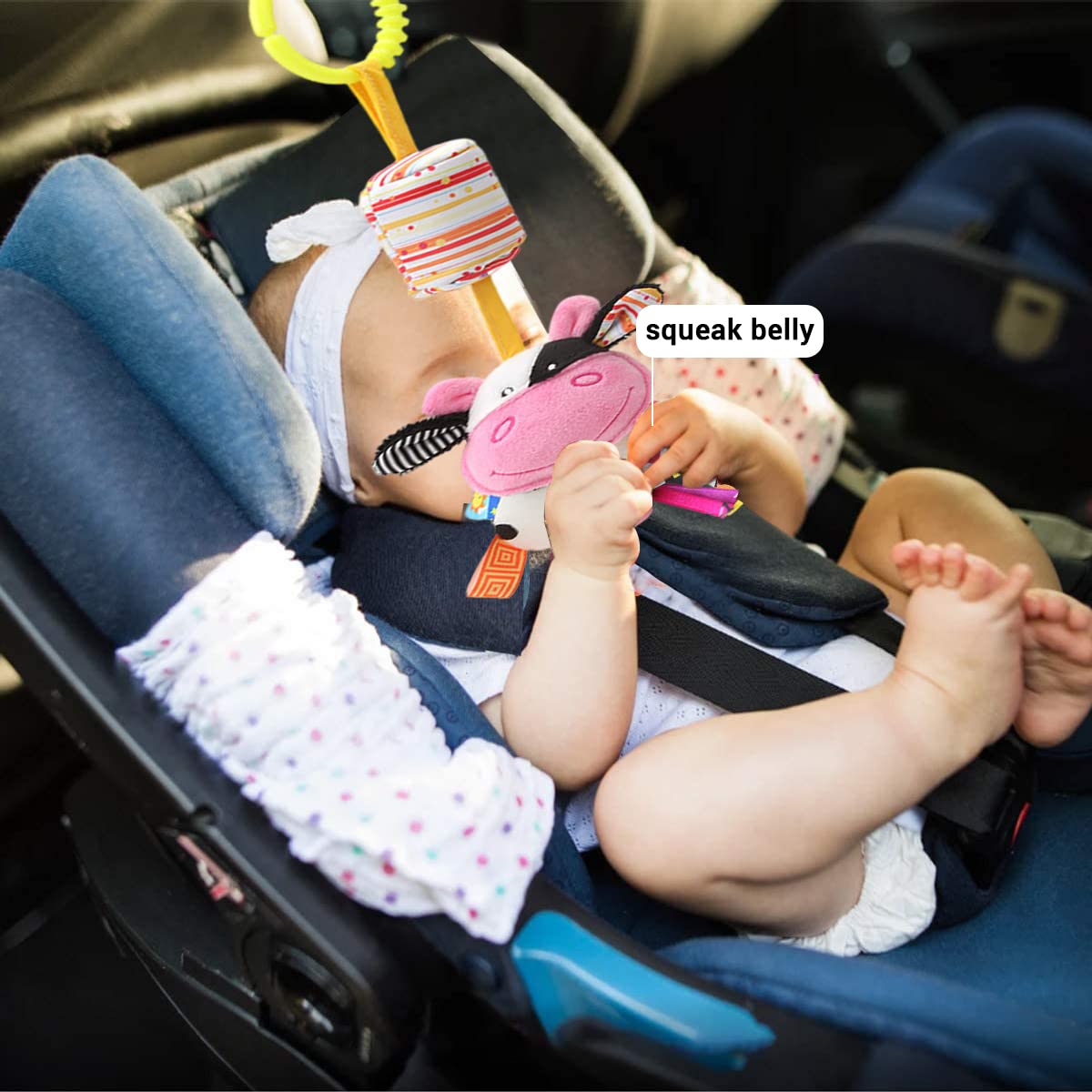 SNOWIE SOFT Hanging Toys for New Born Baby Rattle Crinkle Squeaky Toy Car Seat Stroller Toys Plush Animal C-Clip Ring for Infant Babies Boys and Girls 3 6 9 to 12 Months(Cow)