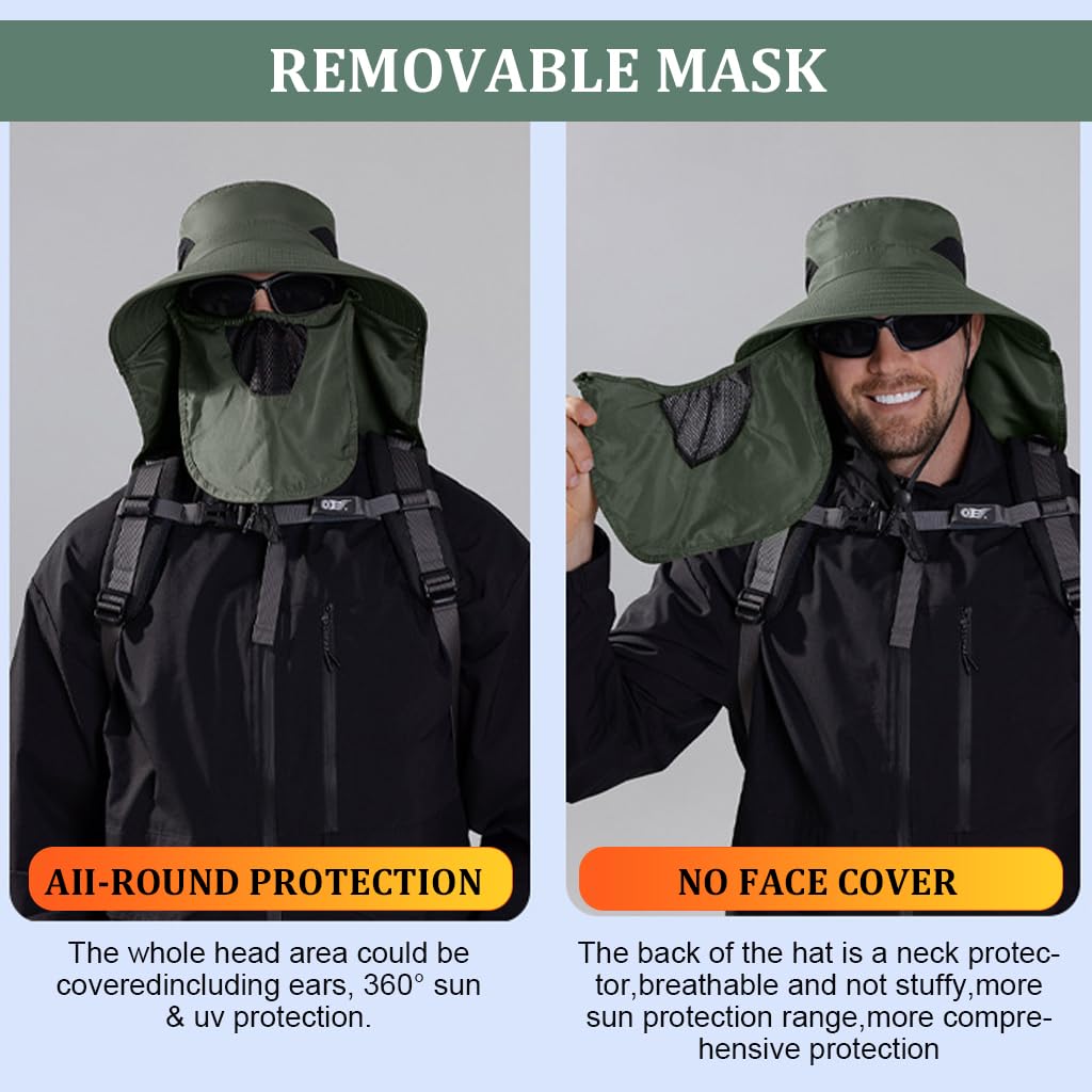 GUSTAVE Men Silicone Sun Hat for Hiking with 11 in Neck Flap and Removable Face Cover Green