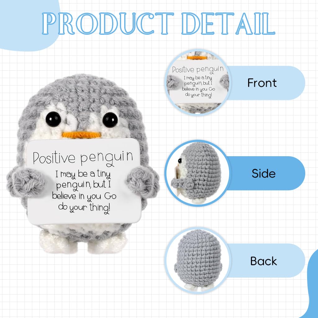 ZIBUYU Handmade Crochet Penguin Desk Decor with Positive Message Card for Office or Home | 2PCS Grey Set