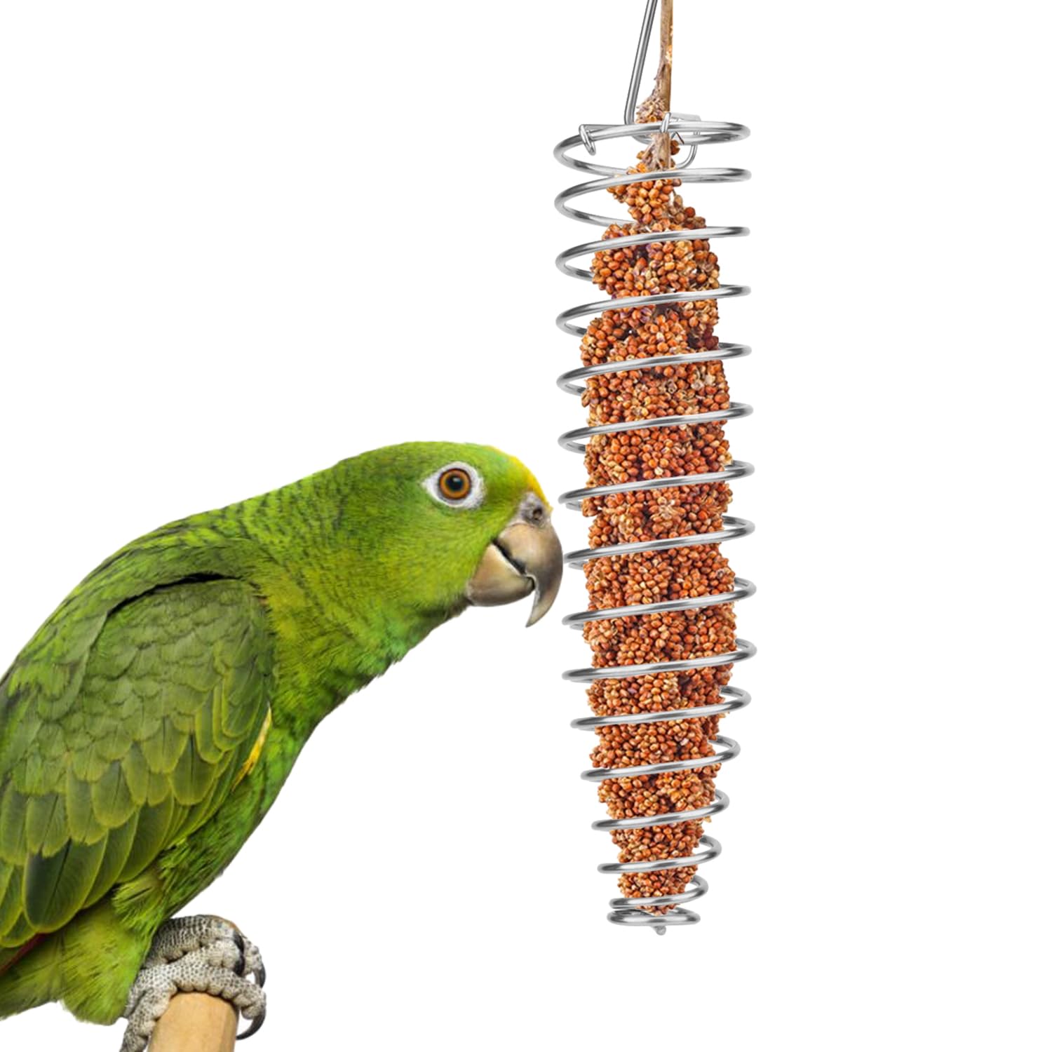 Qpets® Parrot Spiral Millet Holder Feeding Toy, Hanging Bird Cage Feeder for Parrots, Budgies and Cockatiels, Interactive Enrichment Toy Food Dispenser for Sliced Fruit, Vegetables, 9.5X 1.8 inch