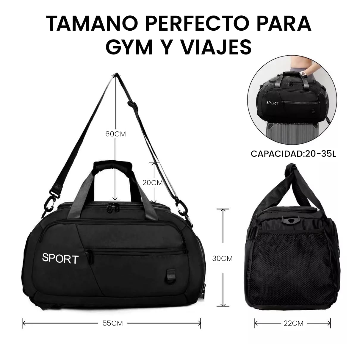 GUSTAVE® Gym Bag for Men & Women, Fitness Duffel Bag, Fitness Backpack with Shoe Compartment Waterproof Oxford Cloth with Reinforced Handle & Shoulder Strap for Travel Yoga Hiking Camping (Black)