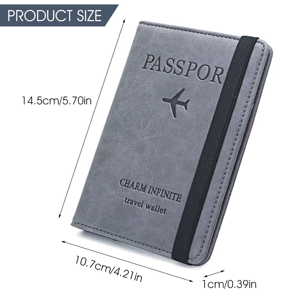 ZIBUYU Passport Cover for Travel with RFID Blocking and Bifold Wallet Design | Grey PU Leather 14.8x11cm
