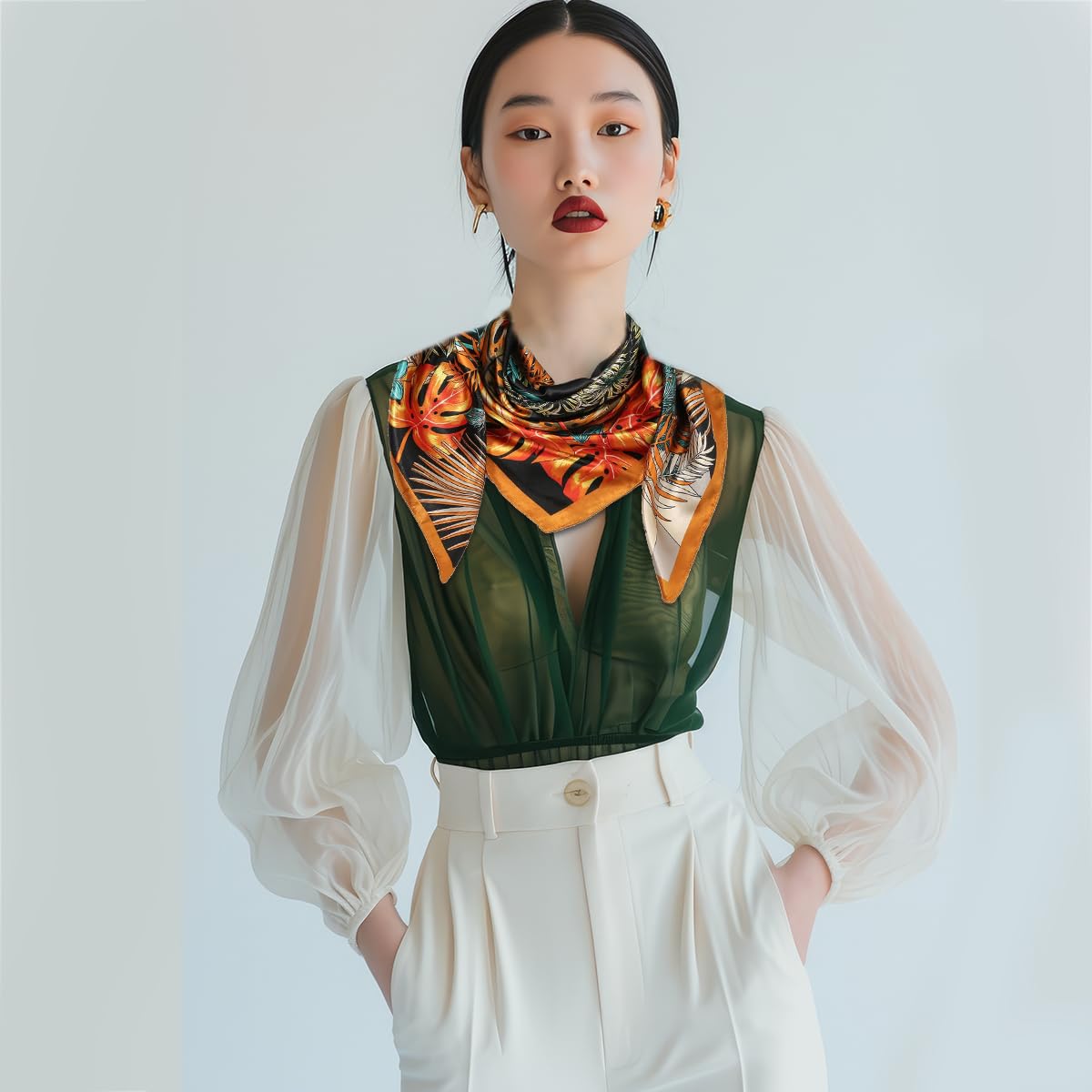 SANNIDHI Silk Scarf for Women featuring Elegant Floral Design and Black 35 in Square Style