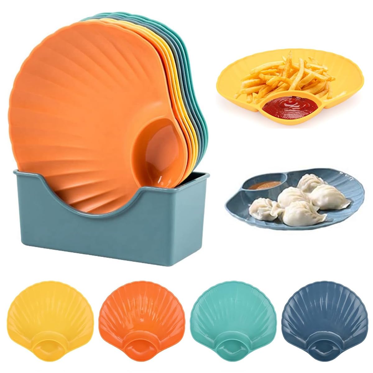 HASTHIP® 8pcs Snack Serving Trays with Organizer Holder Creative Colorful Seashell Dumpling Tray with Dipping Sauce Compartment Multi Food Grade PP Serving Trays Food Plates for Chips, Sushi