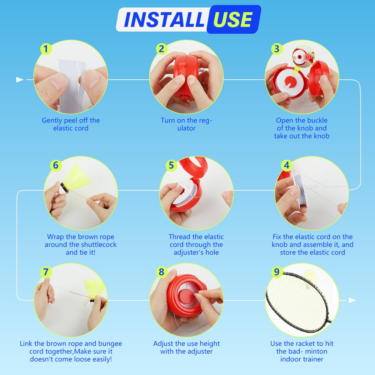 Proberos Badminton Training Device Set with 6 Shuttlecocks and Adjustable Strings | Self-Rebounding Trainer for Kids