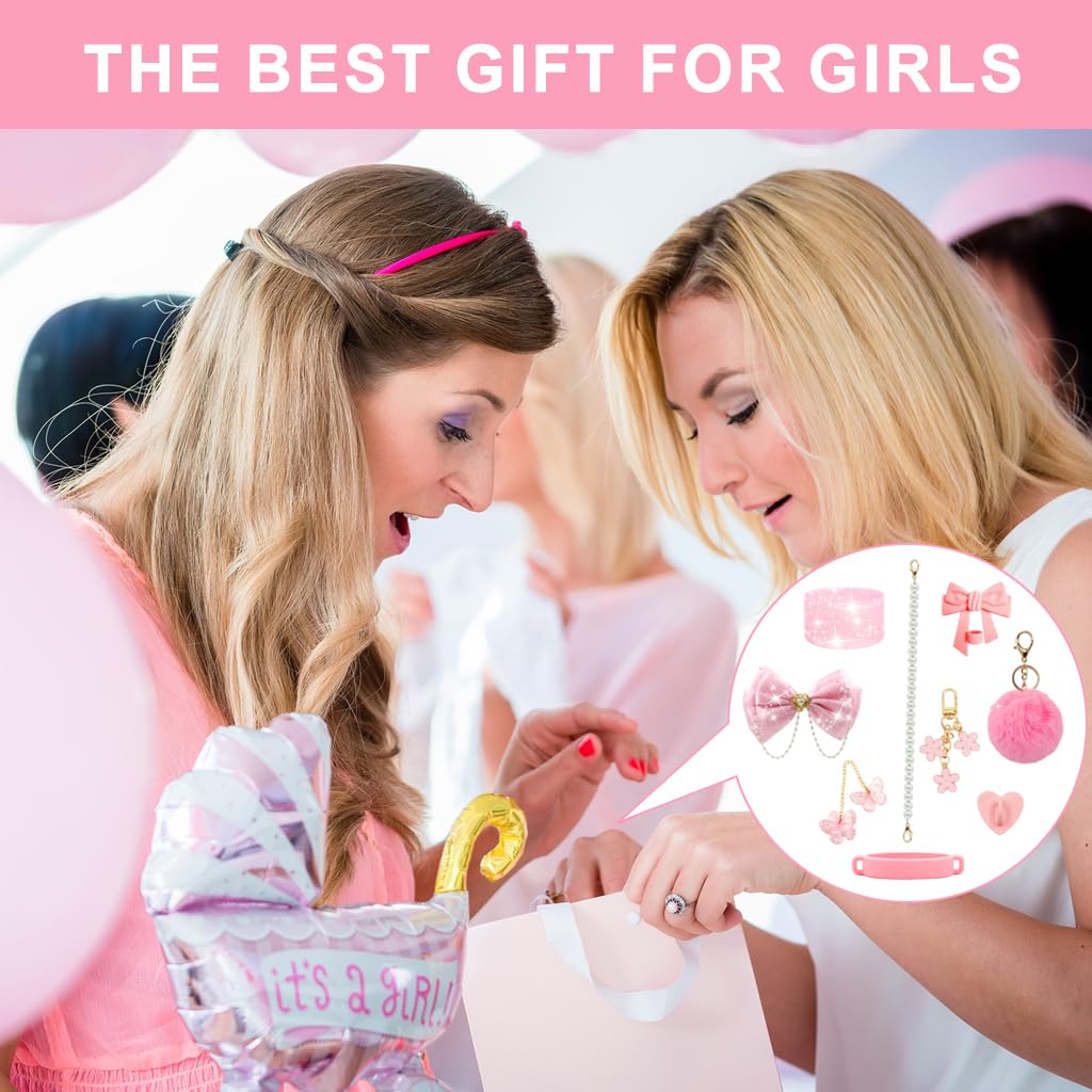 HASTHIP Stanley Cup Accessories for Women featuring 9Pcs Pink Bow and Beaded Lanyard Set