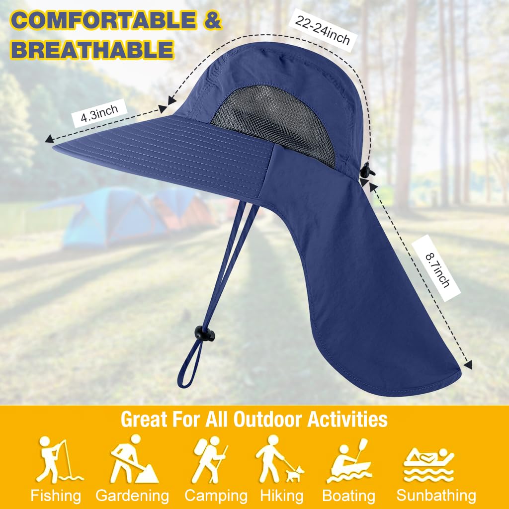 GUSTAVE Sun Hat for Men Fashion Wide Brim Hat UPF 50+ Sun Hats Men Neck Flap Design & Adjustable Windproof Chin Strap Sun Hat Unisex Sun Hat Breathable Sun Hat for Hiking, Fishing, Gardening, Navy