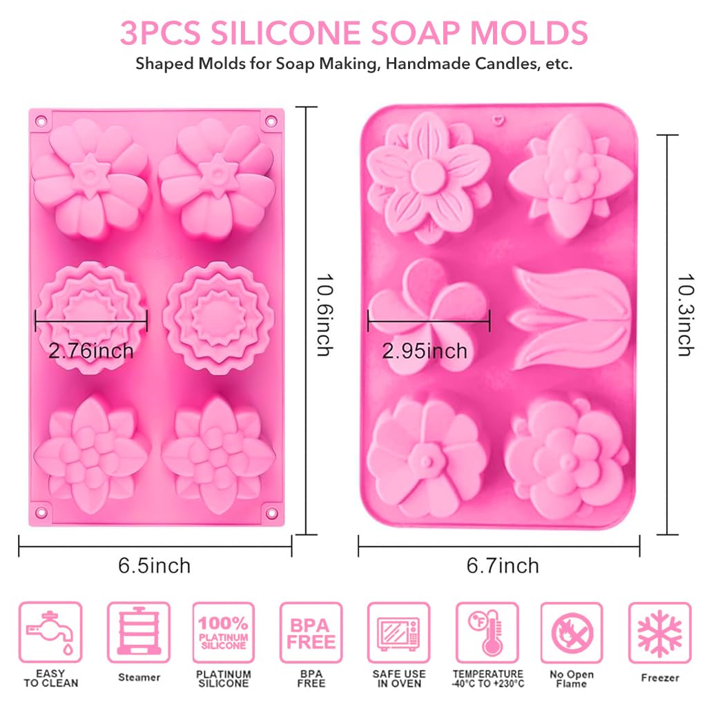 HASTHIP® 3Pcs Silicone Soap Molds, 6 Styles Flowers Soap Mold with Different Flower Shapes, Flower Shaped Molds for Soap Making, Handmade Candles, Resin Art