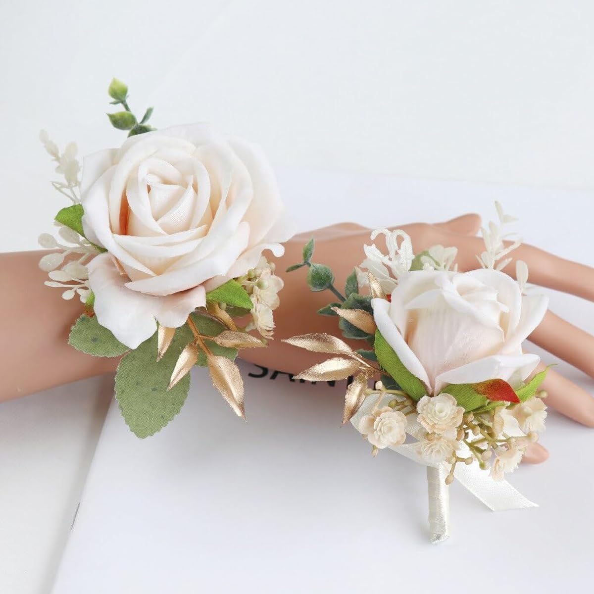 PALAY Wedding Rose Flower Corsage and Boutonniere Set for Bridesmaids and Groomsmen featuring White Artificial Roses with Ribbon | Elegant Keepsake Accessory