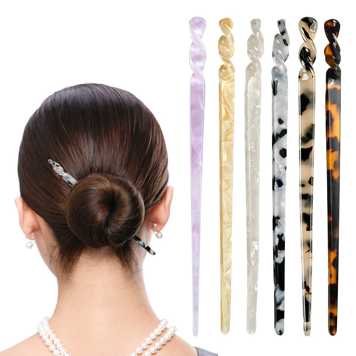 MAYCREATE Hair Bun Stick Set for Stylish Updos with Spiral Handle 17.5cm Amber Pins | 6pcs
