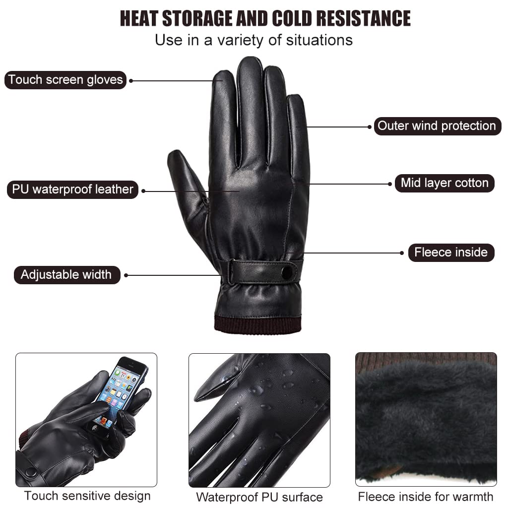 Proberos Winter Gloves for Men, PU Leather Fleece Warm Lining Gloves for Riding, Touch Screen Winter Gloves Fashion Winter Leather Gloves for Men Driving Gloves for Men (Black Style 1)