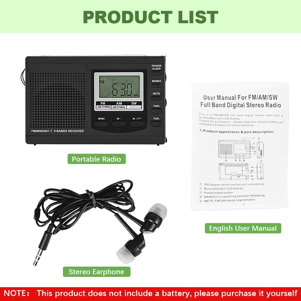 ZORBES Portable Radio for Camping and Travel with LCD Display and 5 Section Antenna | FM MW SW Battery Operated 2xAA