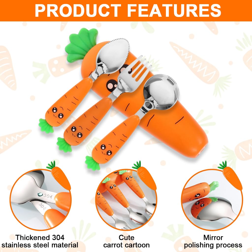 Supvox Spoon and Fork Set for Toddlers with Case featuring Carrot Handles and Serrated Spoon