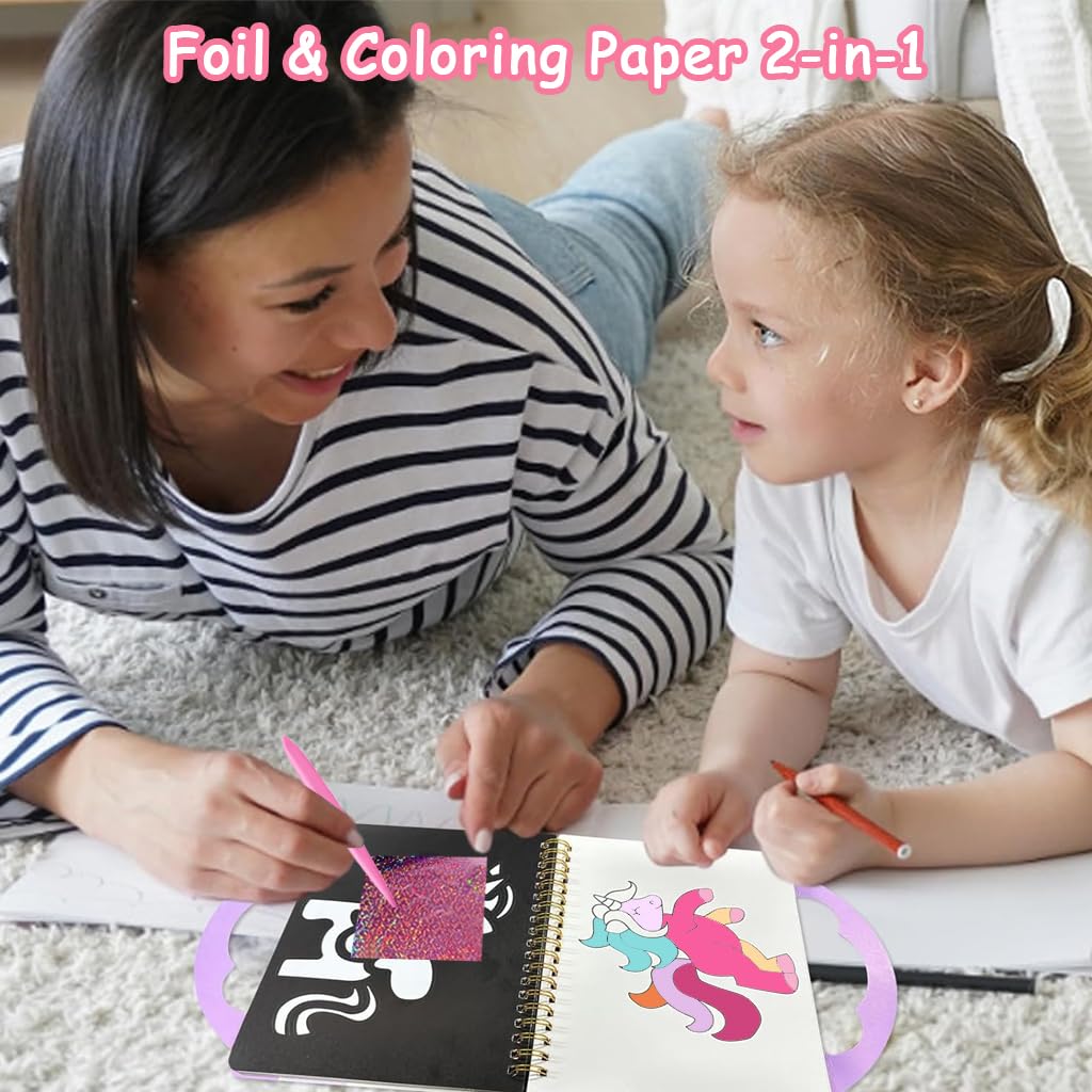 PATPAT DIY Foil Art Unicorn Coloring Book for Kids with 16 Patterns and 80 Glitter Sheets