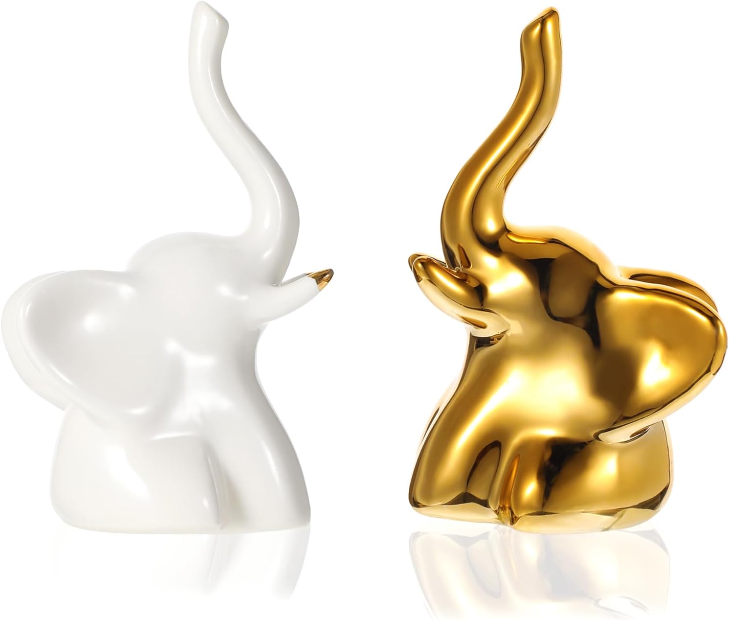 ZIBUYU® 2Pcs Little Elephant Desk Decor Sleek Ceramic Aesthetic Little Elephant Ring Holder Home Gift Jewelry Accessories Car Charm, 6x9.5cm, Golden & White