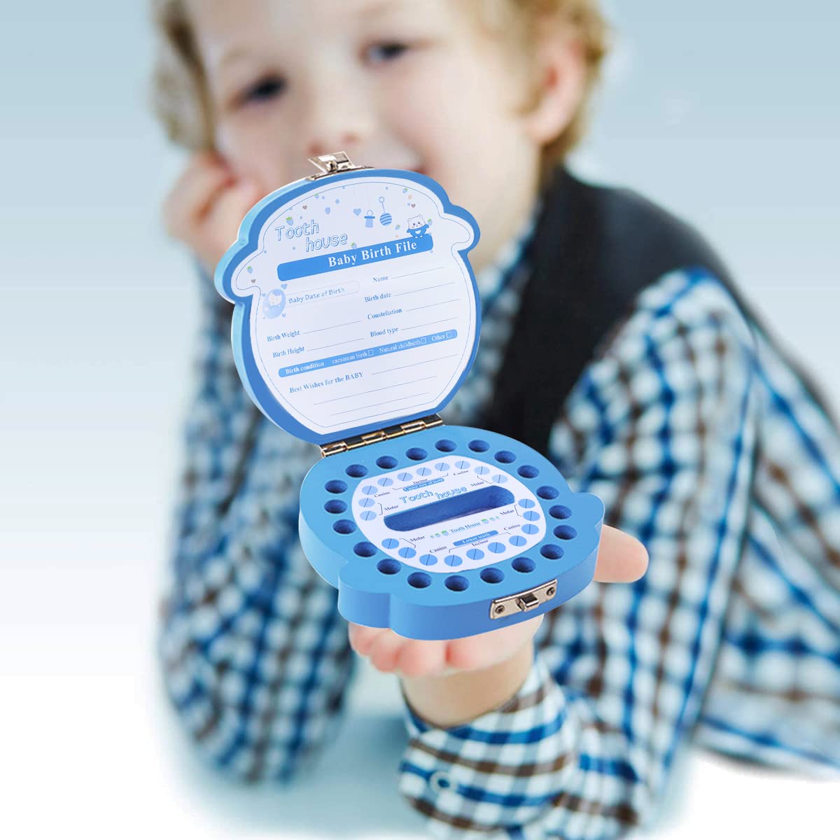 HASTHIP Baby Tooth Fairy Box for Boys featuring Wooden Slots and 12.5×11.3×3 cm Organizer