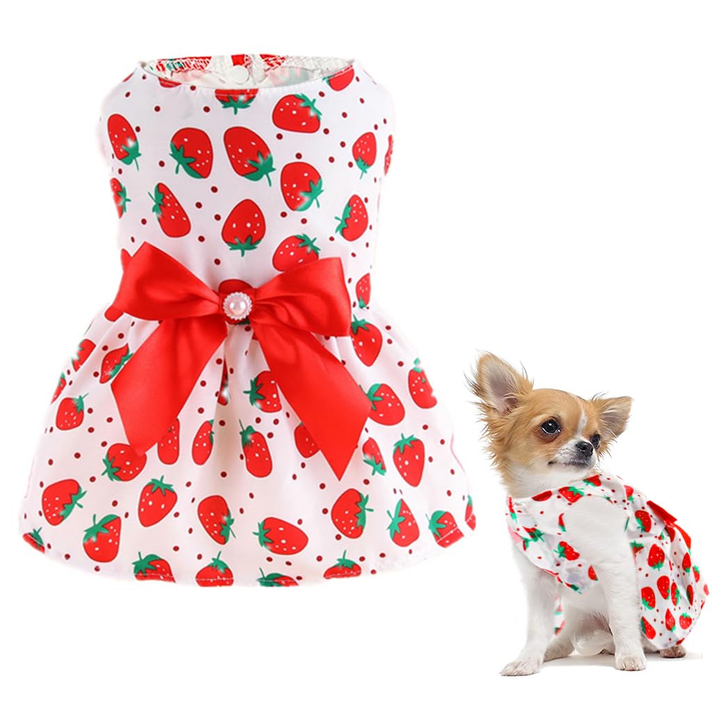 Qpets® Summer Female Dog Dress for Small Dogs Kitten Dog Clothes Clothing Cute Strawberry Bow Print Princess Dress for Puppies, Kittens, Chihuahua, Maltese, Pug, Papillon(Suitable for 3-3.5kg)