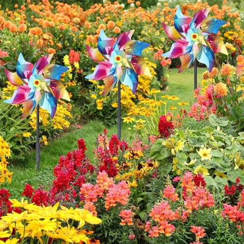 HASTHIP® 5Pcs Bird Repellent for Balcony, Colorful Reflective Pinwheels Pigeon Scarer, Ornamental 8-blade Windmill Anti Bird Device for Roof Edge, Fence, Garden Yard Lawn