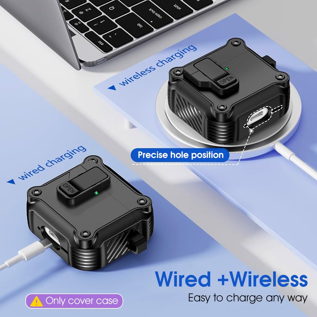 ZORBES Skin Cover for AirPods 4th Gen Charging Case with Safety Lock & Carabiner | Black TPU Anti Scratch Protection