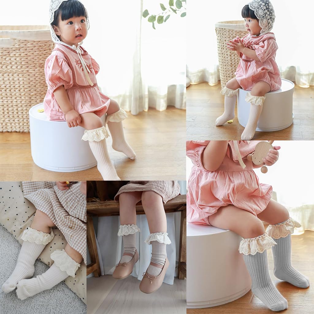 SNOWIE SOFT Baby Socks 2 Pairs for Newborn Girls with Lace Edge and Elastic Cuffs | Soft Cotton Knee High Design