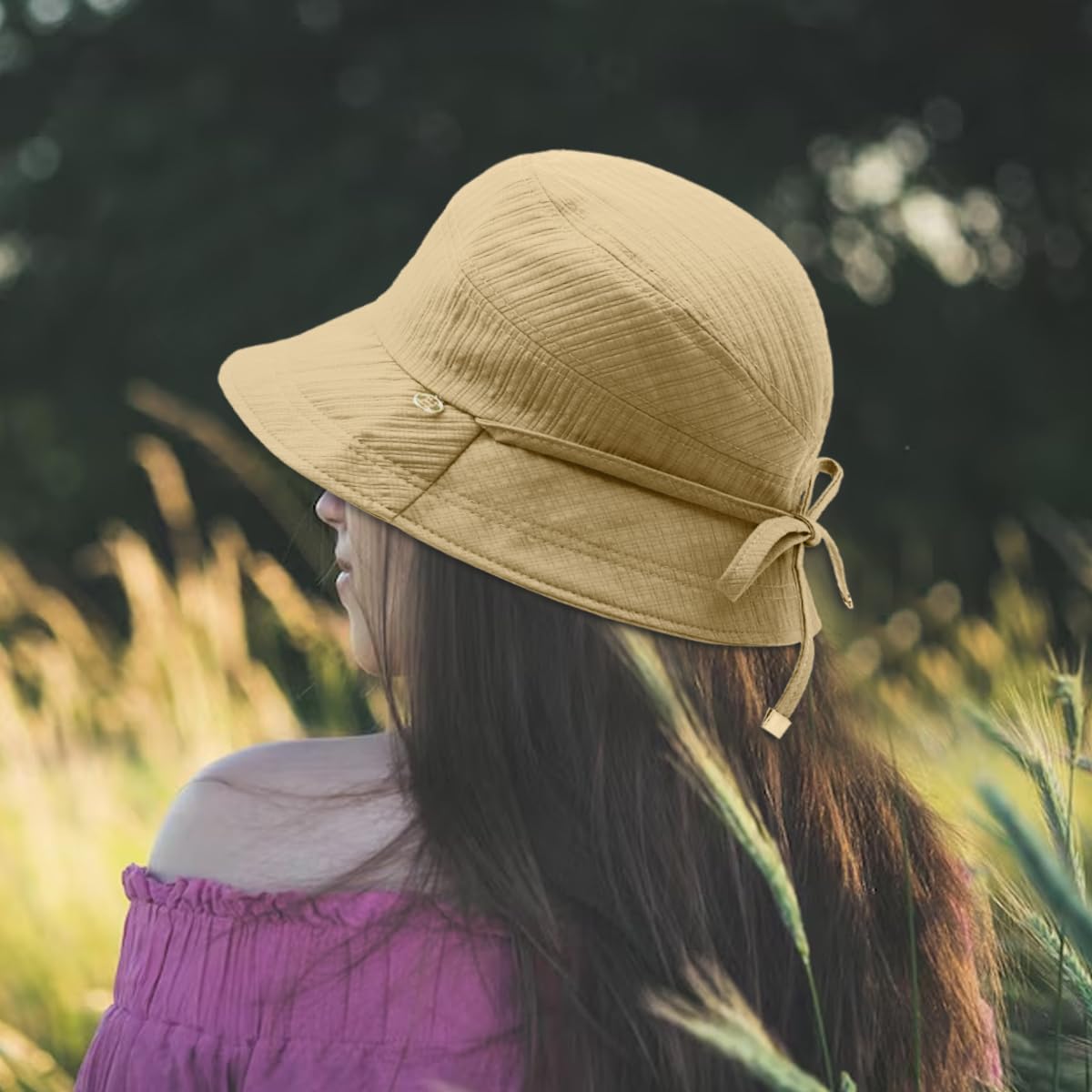SANNIDHI Bucket Hat for Women featuring Wide Brim Sun Protection and Adjustable Tie‑Back | Khaki Summer Beach Hat with Chin Strap