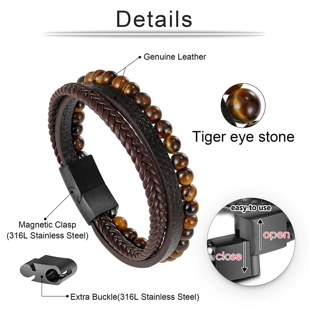 Zibuyu Leather Bracelet for Men with Tiger Eye Beads and Braided Design | Adjustable Gift Accessory