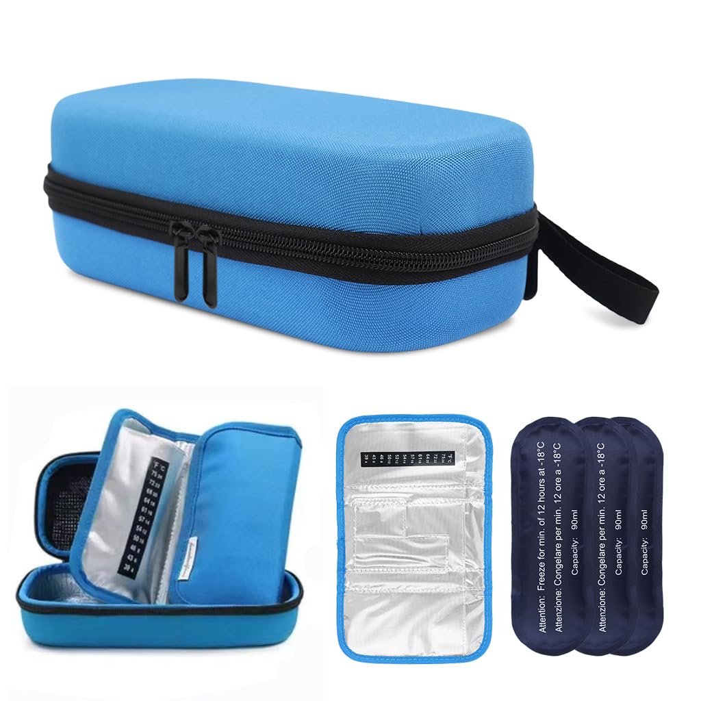 ZIBUYU Insulin Cooler Travel Case for Diabetic Supplies with 3 Ice Packs and Temperature Display | Blue Portable Bag 8.67×4.33×2.03 in