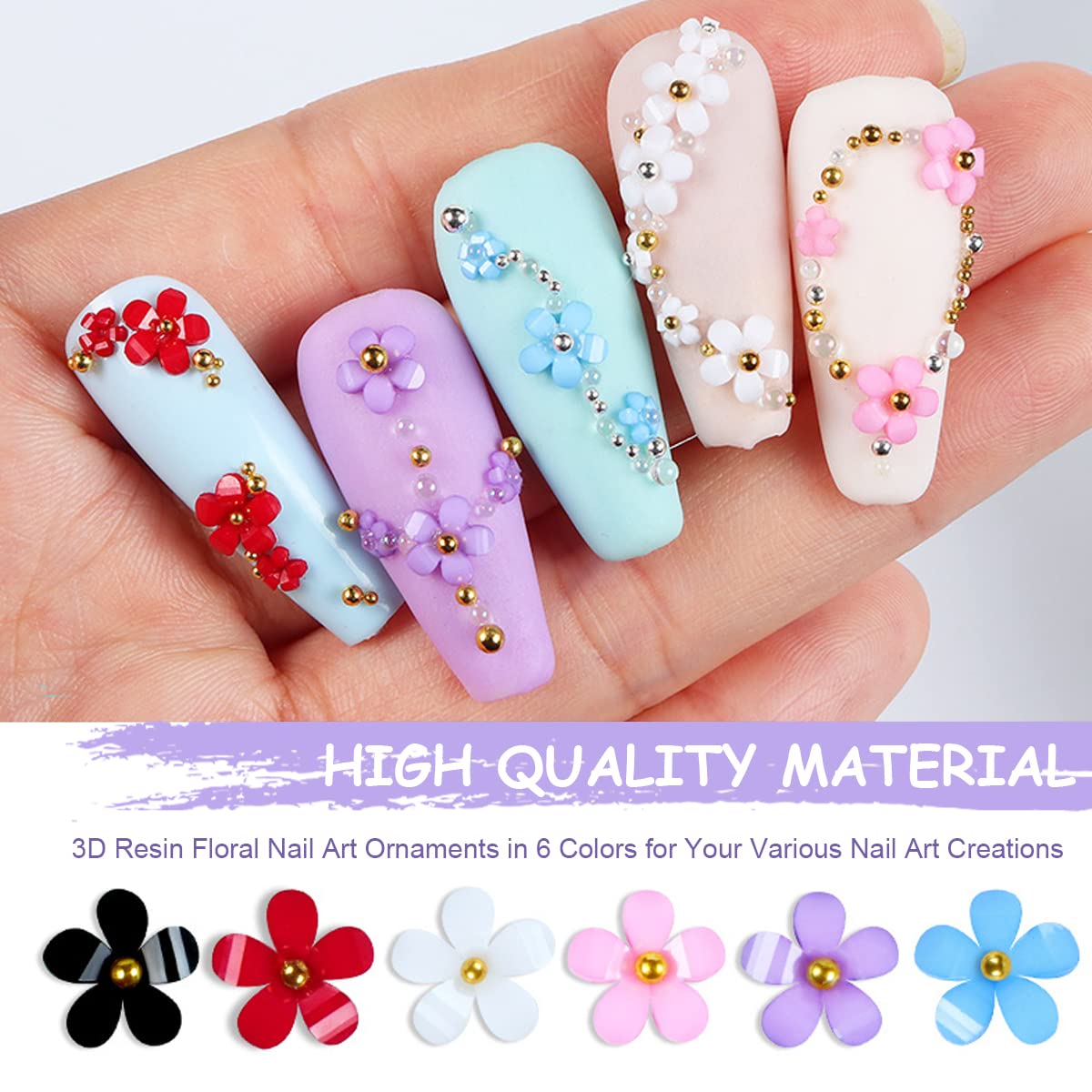 HASTHIP Resin 3D Flower Nail Art Decals Kit with Golden Beads for DIY Nails | 6 Colors