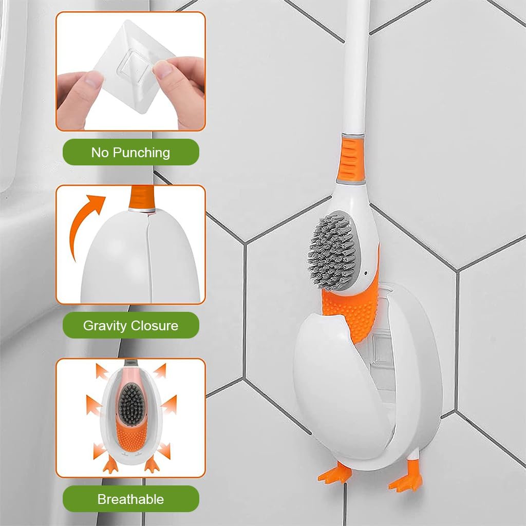 HASTHIP Diving Duck Toilet Brush for Bathroom Cleaning with 360° Flexible Silicone Head | Wall Mounted Drip Slot Holder