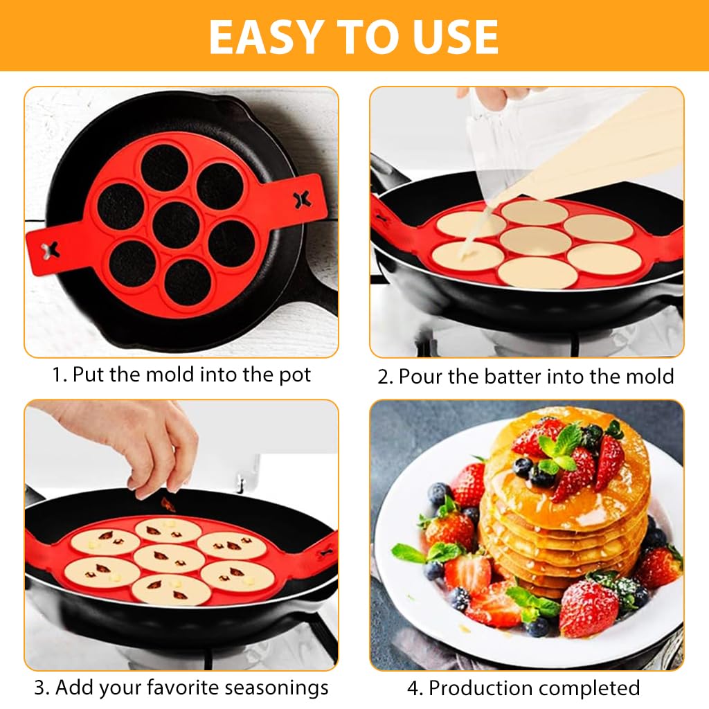 Supvox® Kitchen Egg Ring 2.8'' Diameter 7-Hole Silicone Egg Ring Pancake Mold with Lifting Handles Heat Resistant BPA Free Silicone Egg Ring  Pancake Maker for Griddle, Fry Pan