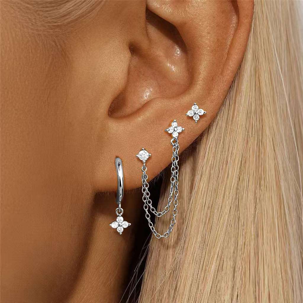 SANNIDHI Earrings Set for Women with 3 Pairs Zircon Stud Hoop & Chain Designs | Silver Hypoallergenic Jewelry