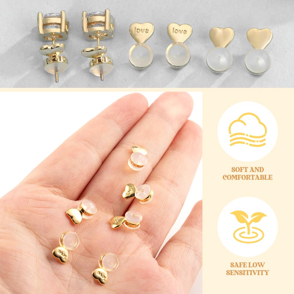 SANNIDHI Earring Supporter for Heavy Earrings featuring 6pcs Gold Heart Backs with Box | Comfortable Rubber Grip