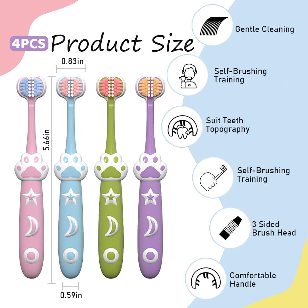 HANNEA Kids Toothbrush for Age 3+ with Triple-Sided Ultra Soft Bristles | Pack of 4