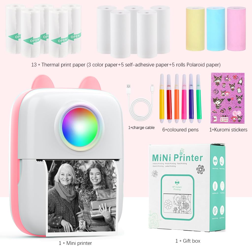 ZEITEL Mini Bluetooth Thermal Printer for Android and iOS with LED Light and 13 Roll Paper | 200DPI Inkfree Portable Label Maker