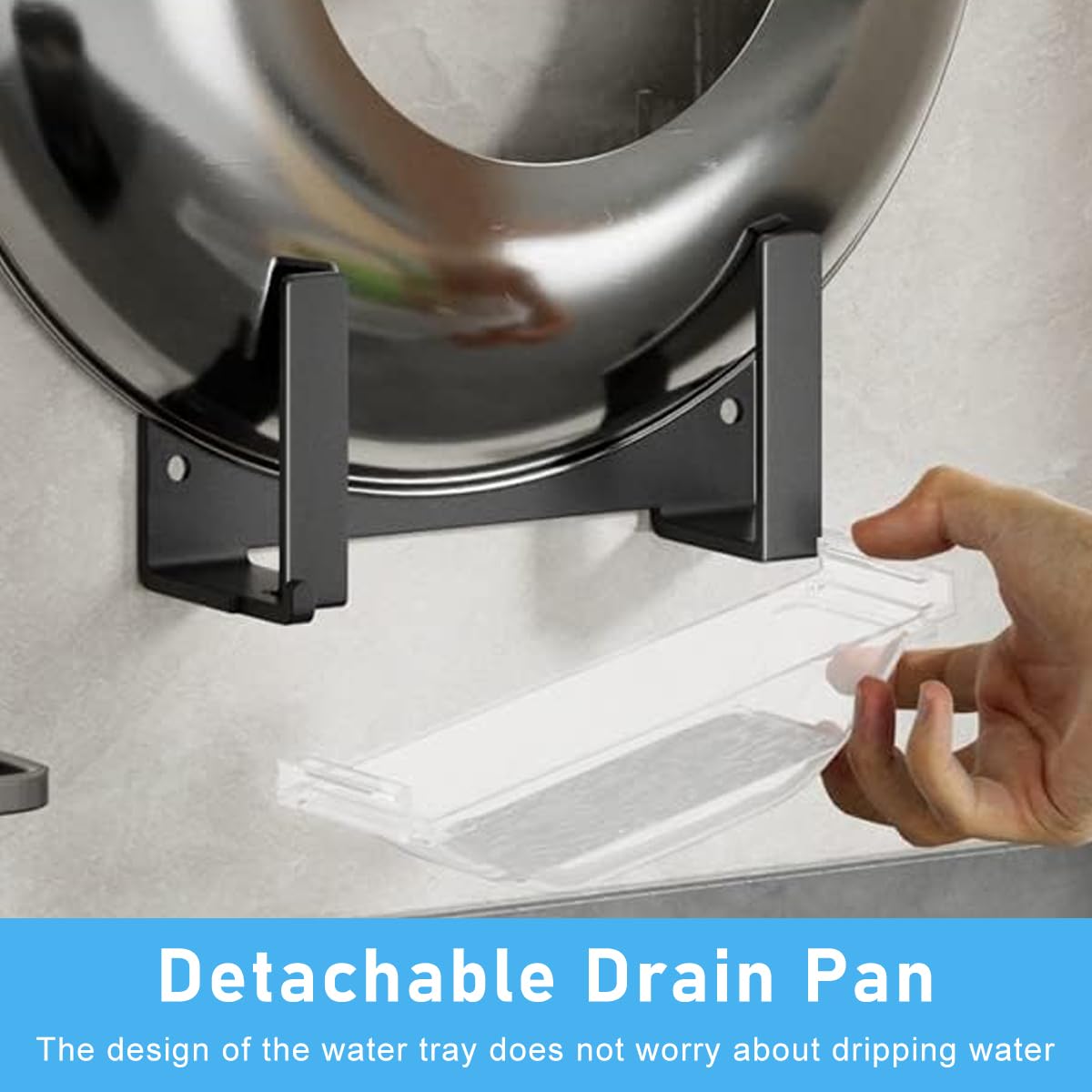 Supvox Lid Organizers for Kitchen with Drain Tray and Self Adhesive Wall Mounted Rack | Carbon Steel Holder for Pot Lids, Pans and Cutting Boards