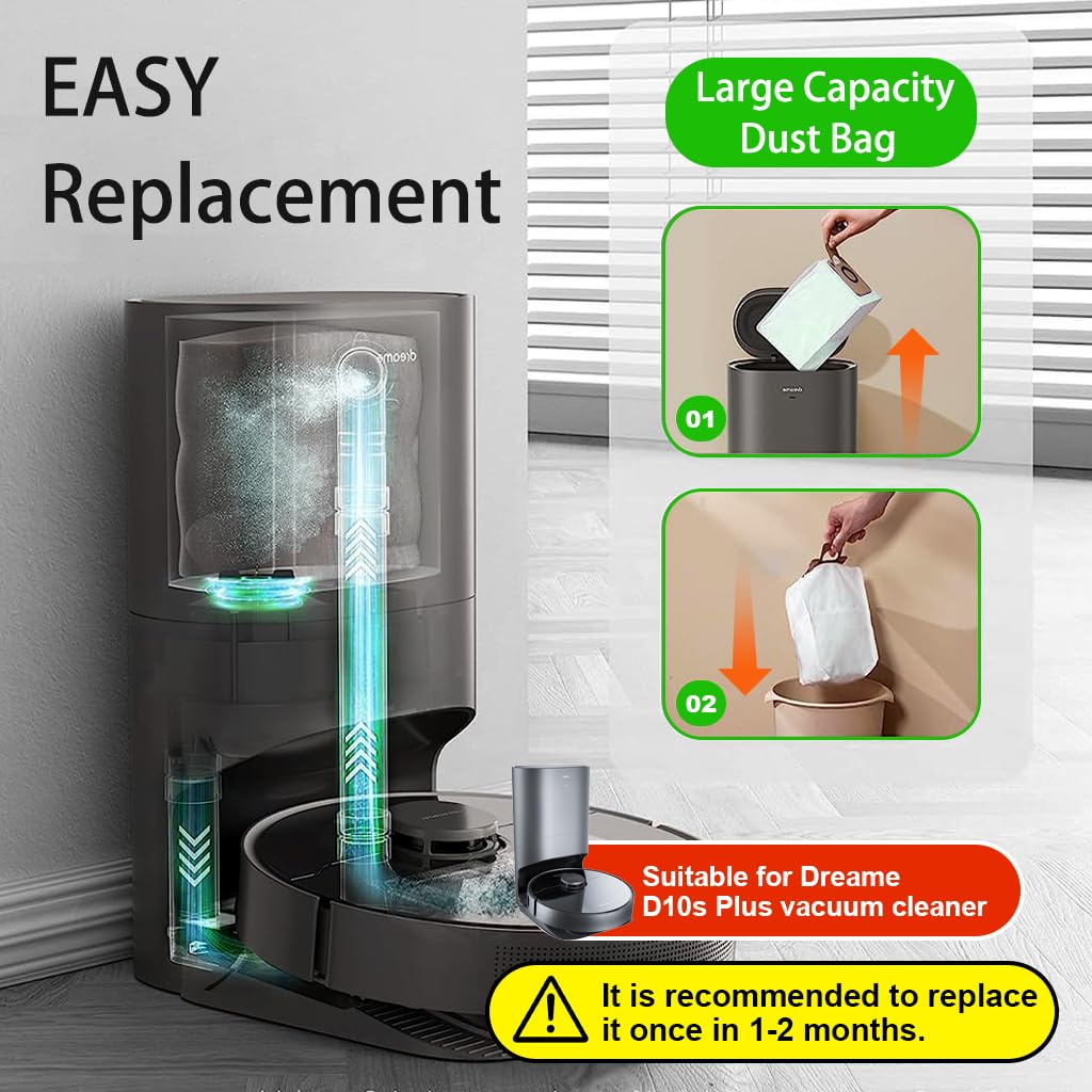 Verilux Replacement Dust Collector Bags for Dreame D10s Plus Vacuum | 8PCS Reusable Multi‑Layer Design