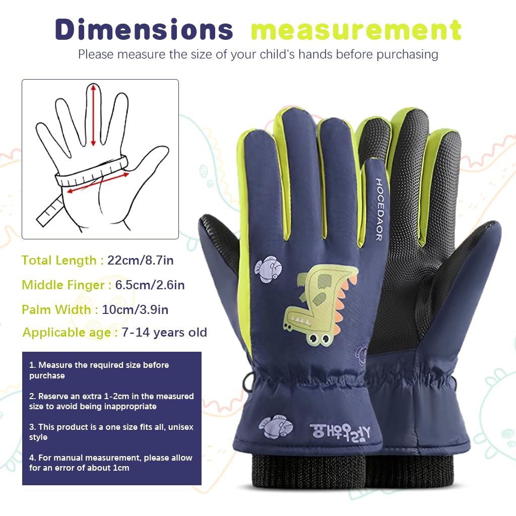 PATPAT Kids Winter Ski Gloves for Outdoor Play with Waterproof PU and Fleece Lining | Blue for Ages 8-12