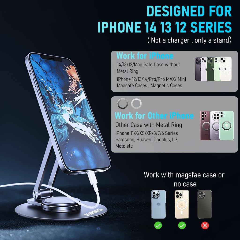 ZORBES® Magnetic Desk Phone Stand for iPhone 14 13 12 Series, Aluminum Phone Holder with 360°Rotation Base, Adjustable Foldable Mobile Stand Compatible with iPhone 14 13 12 Pro Max Mini, Mag Safe Case